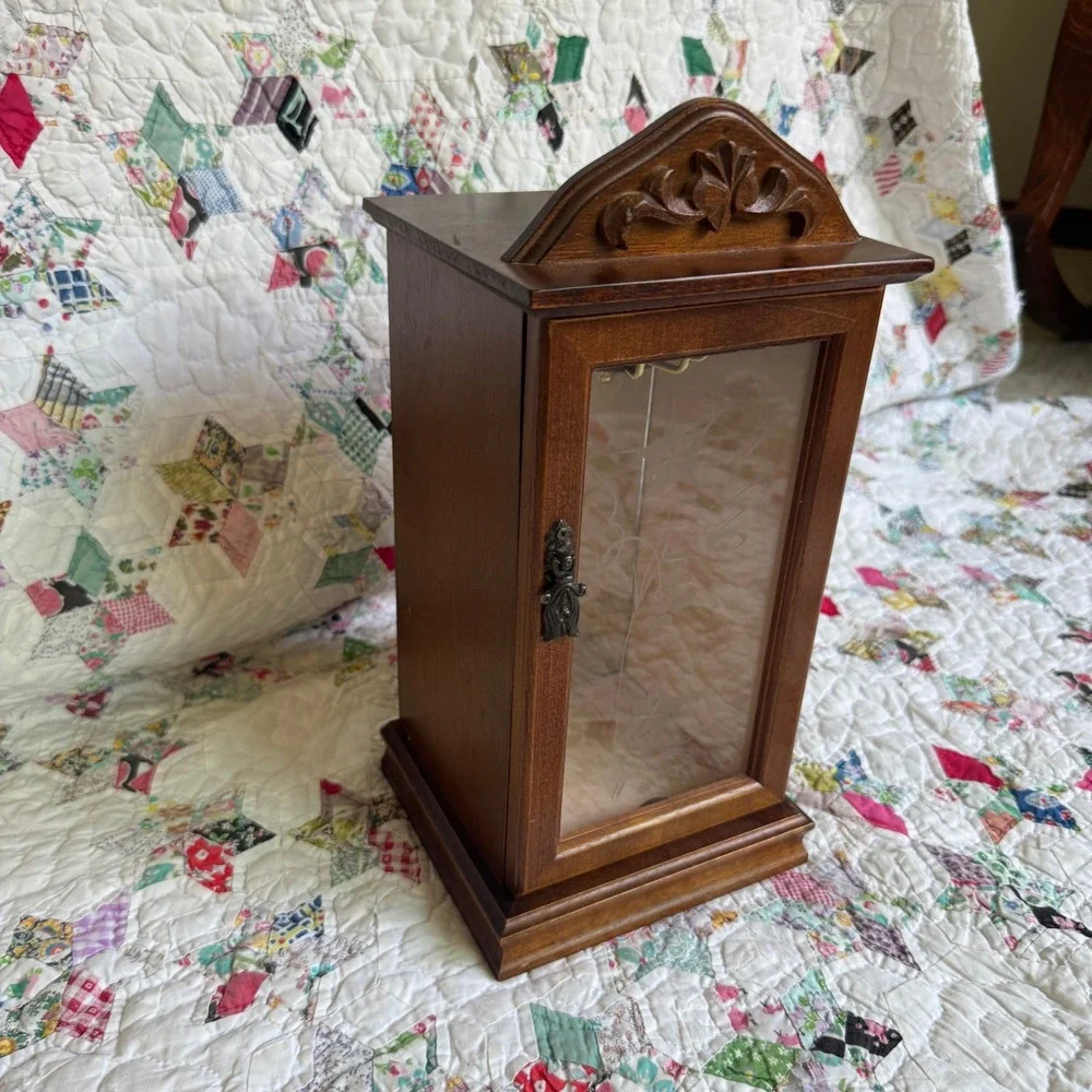 Vintage Price Product Wood Jewelry Armoire Etched Glass Rotating Carousel Mirror
